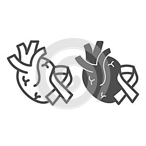 Organ heart and tape line and solid icon, World cancer day concept, Cancer ribbon and heart sign on white background