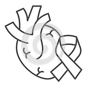 Organ heart and tape thin line icon, World cancer day concept, Cancer ribbon and heart sign on white background, breast