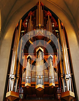 The organ inside Hadlgrimskirkya is a Lutheran church in Reykjavik, the capital of Iceland.