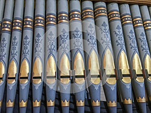 Organ pipes with blue stenciling, Fogo Island