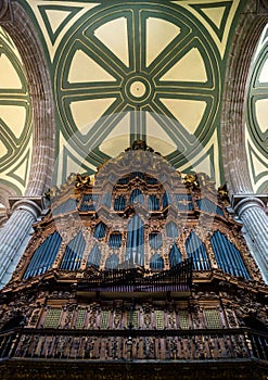 Organ Pipes old inside a church cathedral in mexico city downtown