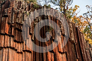 Organ piping columnar basalt rock formation. Sawn Rocks at Mt. Kapatur National Park near Narrabri, NSW, Australia. Rare hexagonal