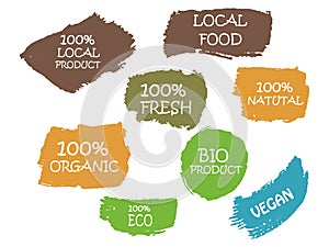 Organic, 100% bio, eco, natural product, vegan food, natural farming, vegetarian labels. Vector collection of paint brush strokes