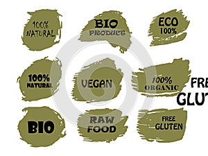 Organic, 100% bio, eco, natural product, vegan food, natural farming, vegetarian labels Vector collection of paint brush strokes