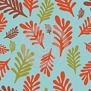 Organic abstract modern red maroon and mustard leaves on blue background seameless pattern.