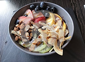 Organic acai, fresh tropical fruit and chia breakfast bowl