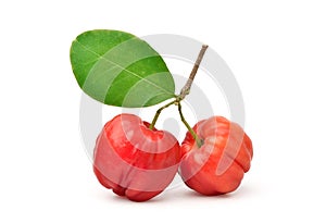 Organic acerola cherry with green leaf photo