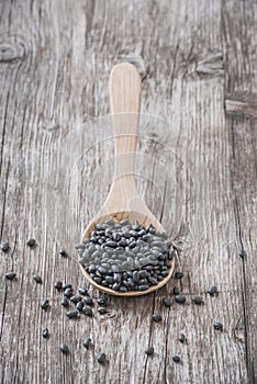 Organic adzuki beans on a wooden spoon