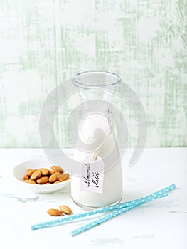 Organic almond milk in a glass bottle