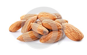 Organic almond nuts on white background