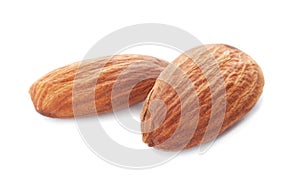 Organic almond nuts on white background