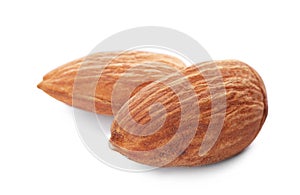 Organic almond nuts on white background