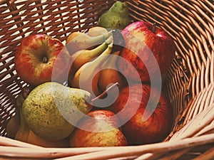 Organic apples, pears and bananas on rustic in a wicker basket