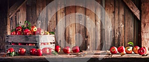 Organic Apples In Wooden Crate On Harvest Table With Rustic Barn Background