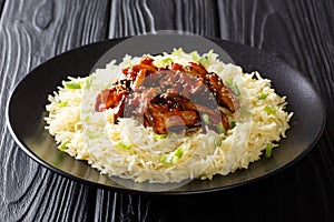 Organic Asian food glazed shiitake mushrooms with sesame seeds served with rice closeup on a plate. horizontal