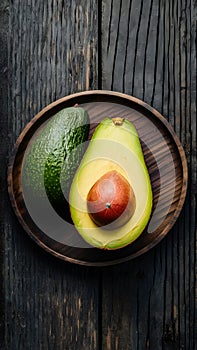 Organic avocado presented elegantly on a rustic wooden table