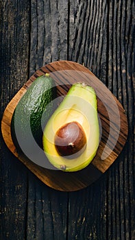 Organic avocado presented elegantly on a rustic wooden table