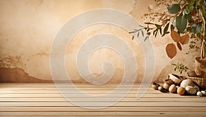 a bouquet of flowers and large ball of wood Organic Background Design with Earthy Tones and Natural photo