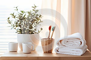 Organic bamboo toothbrush in holder with soft white towels on bathroom background shelf