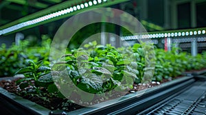 Organic basil plants growing in hydroponic farm