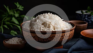 Organic basmati rice steamed for healthy vegetarian lunch, close up freshness generated by AI