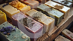 Organic bath soaps with lavender, mint, and chamomile toppings.