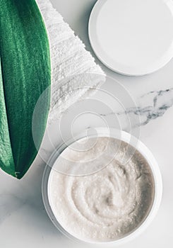 Organic beauty cosmetics on marble, home spa flatlay background