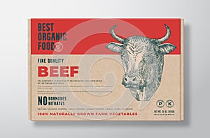 Organic Beef Meat. Vector Food Packaging Label Design on a Craft Cardboard Box Container. Modern Typography and Hand