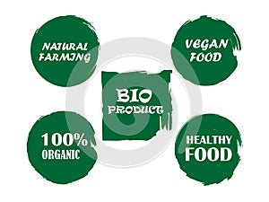 Organic, bio, eco, natural product, vegan food, natural farming, vegetarian labels Vector collection of paint brush strokes