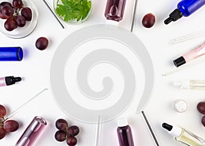 Organic bio grape cosmetics. Extract, grape seed oils, serum. Abstract cosmetic laboratory. Flat lay