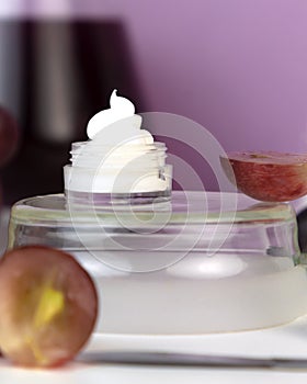 Organic bio grape cosmetics. hydrating cream. Extract, grape seed oils, serum. Abstract cosmetic laboratory