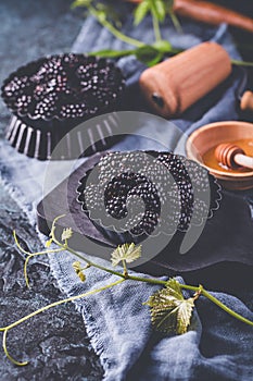 Organic blackberries in baking forms, ripe blackberries