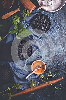 Organic blackberries in baking forms, ripe blackberries photo
