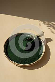 Organic blue-green algae spirulina powder food in plate with wooden spoon. Copy space for your text Health benefits of