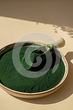 Organic blue-green algae spirulina powder food in plate with wooden spoon. Copy space for your text Health benefits of