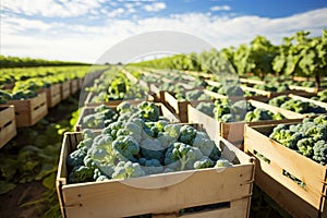 Organic broccoli harvest. Freshly picked and expertly arranged in a sturdy wooden crate