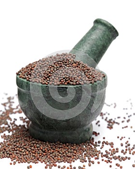 Organic Brown Mustard (Brassica juncea) on marble pestle.