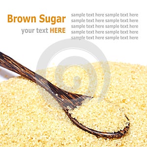 Organic brown sugar and wooden spoon isolated