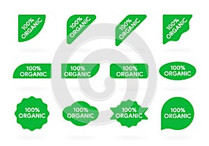 100 Organic budge. Eco food icon collection. Natural ingredients sign. Corner and circle budgies. Natural product sticker kit. Bio