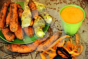 Organic carrots and carrot juice for a healthy breakfast photo