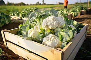 Organic Cauliflower in a Wooden Box. Generative By Ai