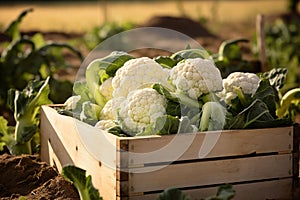 Organic Cauliflower in a Wooden Box. Generative By Ai