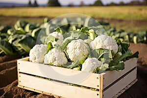 Organic Cauliflower in a Wooden Box. Generative By Ai