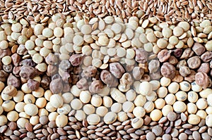 Organic cereal and grain seed stripe background consisted of flax seed, lentils chickpea, and soybean