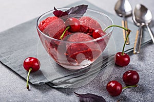 Organic cherry  Sorbet Ice Cream Balls in glass Ready to Eat. Organic Food photo