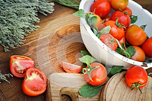 Organic cherry tomatoes in white bowl