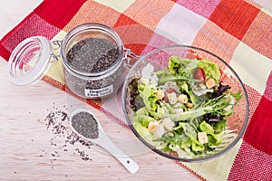 Organic chia seeds with salad healthy meal loaded with antioxidant