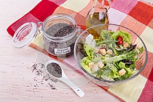 Organic chia seeds with salad healthy meal loaded with antioxidant
