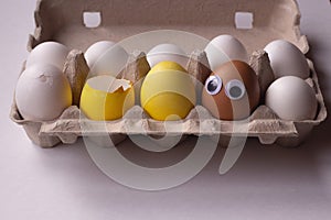 Organic chicken eggs of different colors in an egg box. Eggs from different breeds of chickens