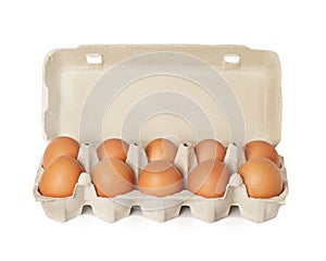 Organic chicken eggs in paper container box tray